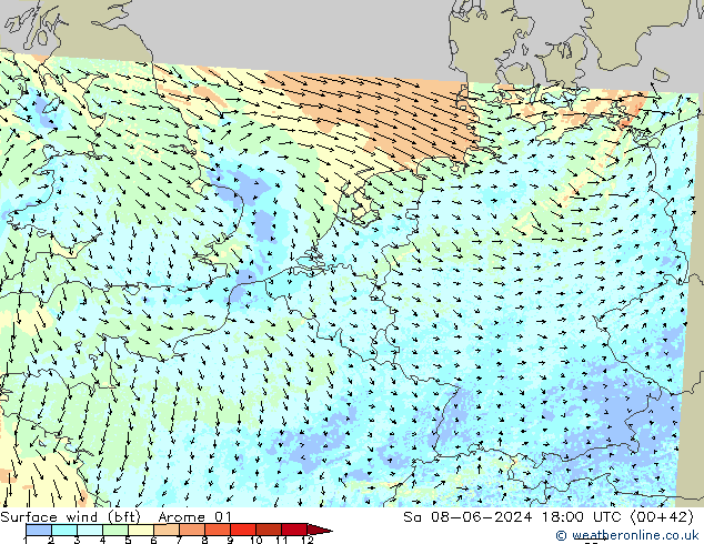 Surface wind (bft) Arome 01 So 08.06.2024 18 UTC