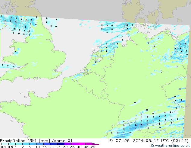 Precipitation (6h) Arome 01 Pá 07.06.2024 12 UTC