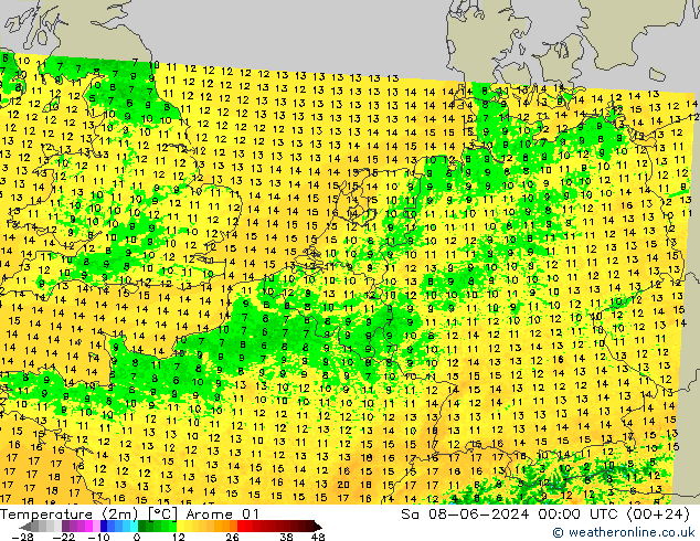 Sıcaklık Haritası (2m) Arome 01 Cts 08.06.2024 00 UTC
