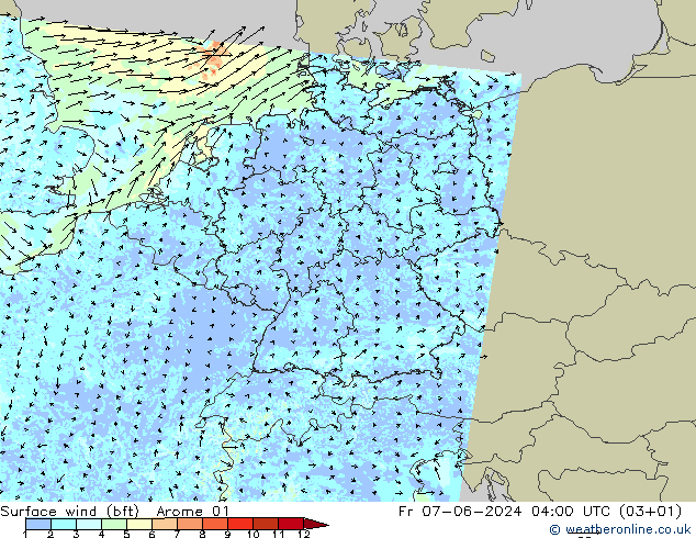 Wind 10 m (bft) Arome 01 vr 07.06.2024 04 UTC