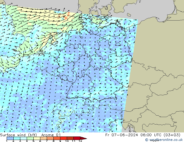 Surface wind (bft) Arome 01 Pá 07.06.2024 06 UTC