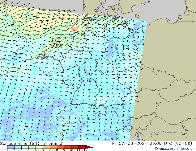 �N 10 米 (bft) Arome 01 星期五 07.06.2024 09 UTC