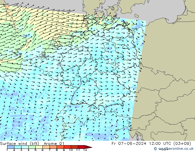 Surface wind (bft) Arome 01 Fr 07.06.2024 12 UTC