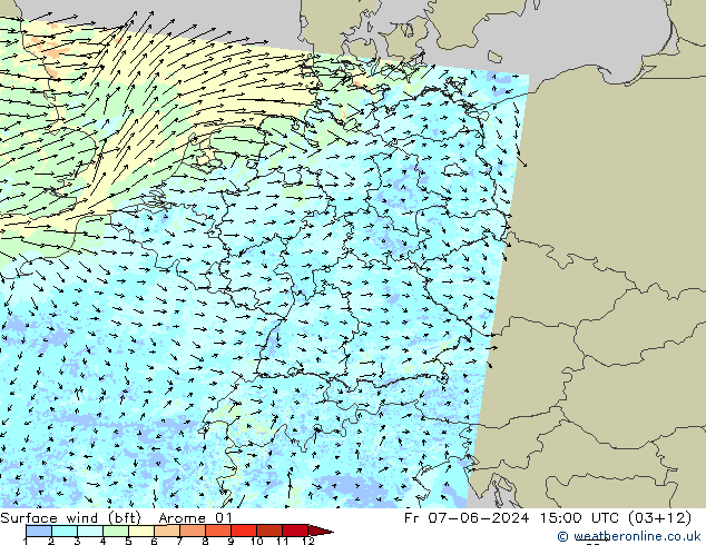 Vento 10 m (bft) Arome 01 Sex 07.06.2024 15 UTC