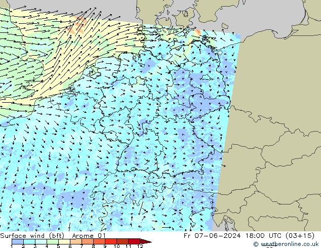 Vento 10 m (bft) Arome 01 Sex 07.06.2024 18 UTC