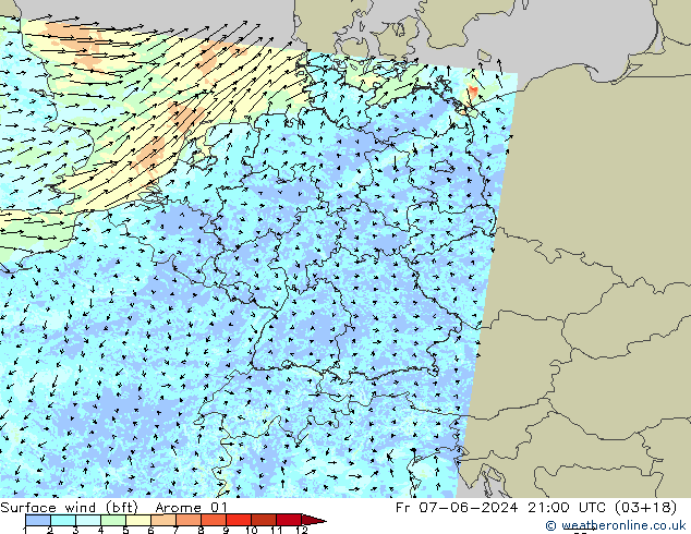 Wind 10 m (bft) Arome 01 vr 07.06.2024 21 UTC