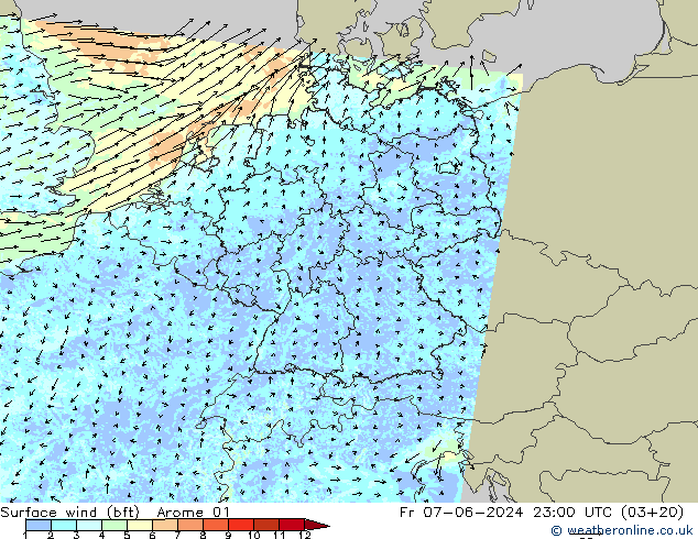 Bodenwind (bft) Arome 01 Fr 07.06.2024 23 UTC