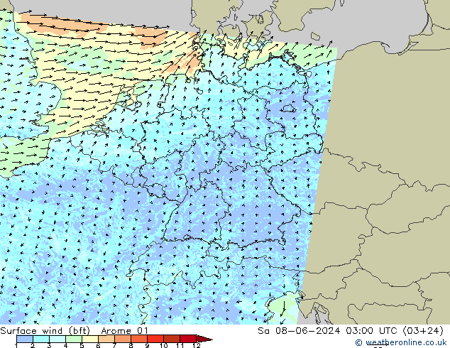 Bodenwind (bft) Arome 01 Sa 08.06.2024 03 UTC