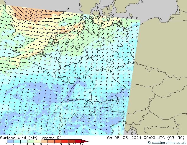 Wind 10 m (bft) Arome 01 za 08.06.2024 09 UTC