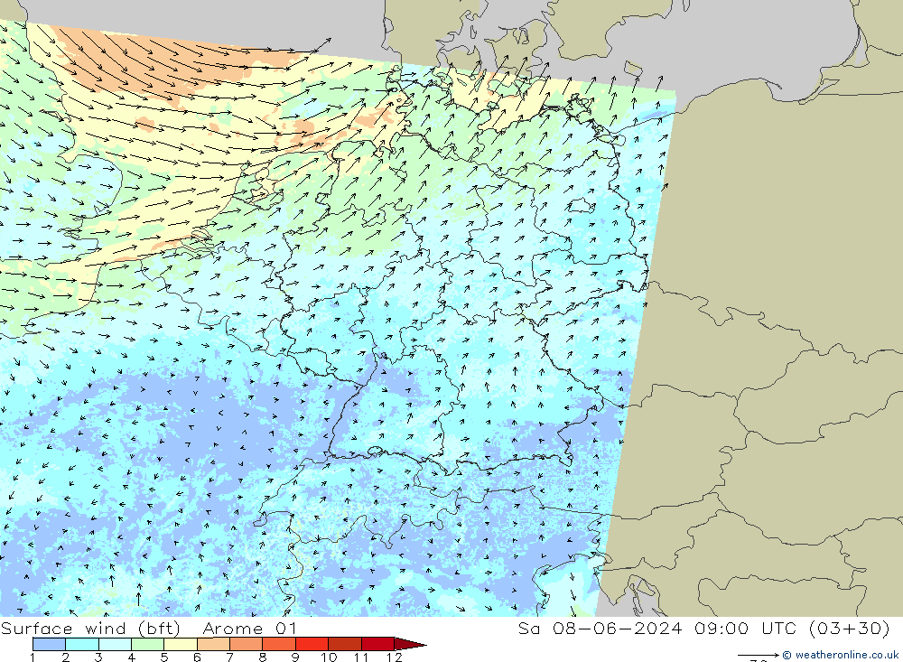 Surface wind (bft) Arome 01 Sa 08.06.2024 09 UTC