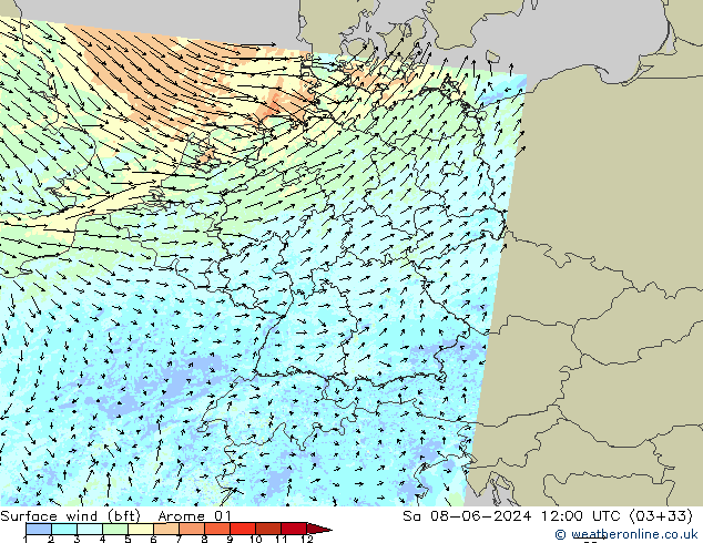 Bodenwind (bft) Arome 01 Sa 08.06.2024 12 UTC