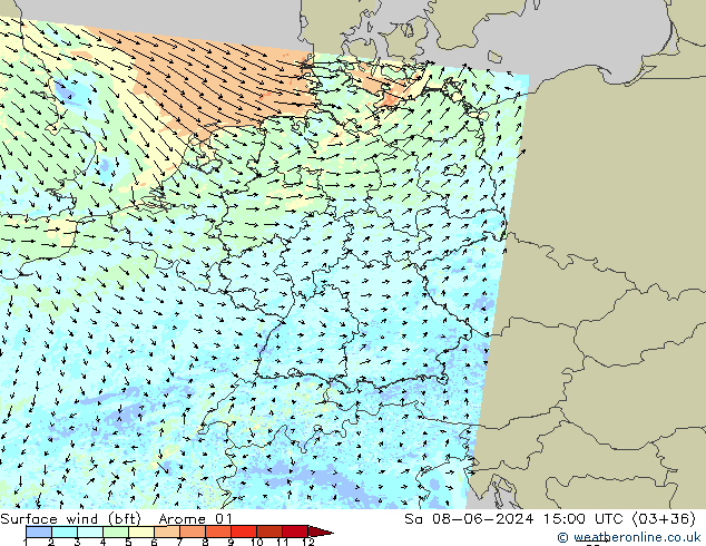 Wind 10 m (bft) Arome 01 za 08.06.2024 15 UTC