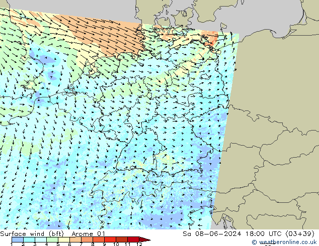 Surface wind (bft) Arome 01 So 08.06.2024 18 UTC