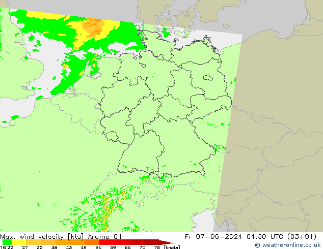 Max. wind snelheid Arome 01 vr 07.06.2024 04 UTC