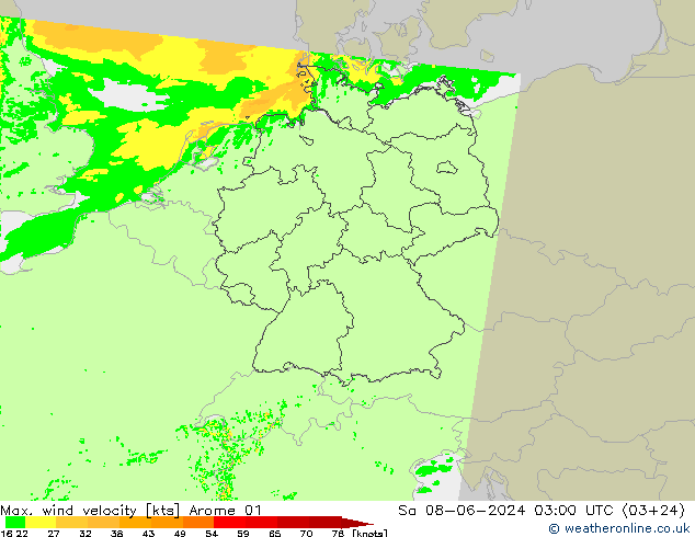 Max. wind snelheid Arome 01 za 08.06.2024 03 UTC