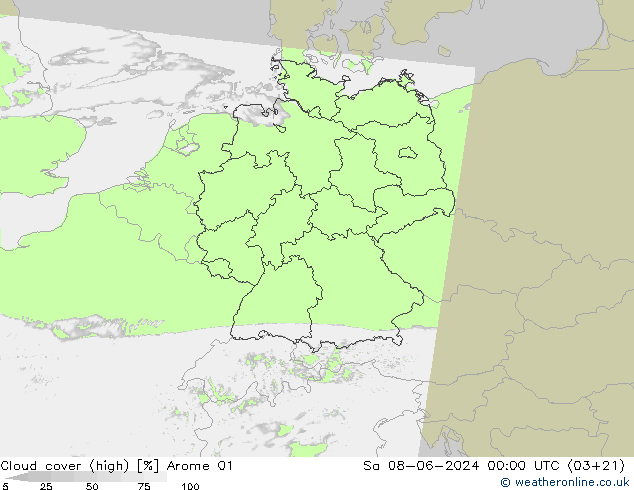 Nubes altas Arome 01 sáb 08.06.2024 00 UTC