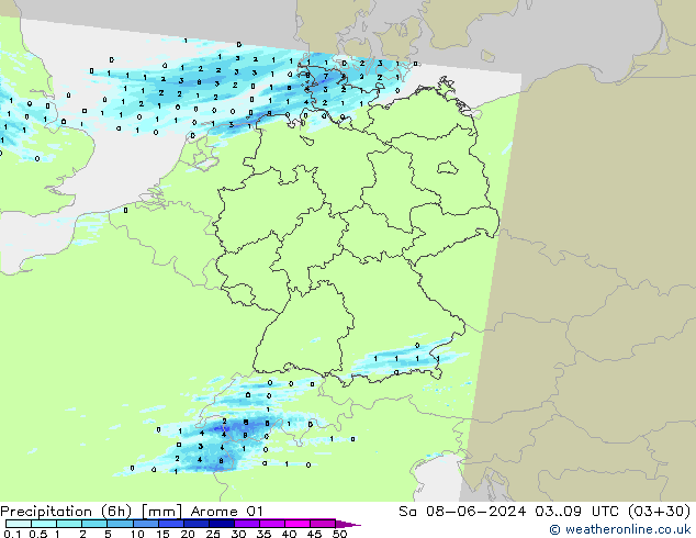 Précipitation (6h) Arome 01 sam 08.06.2024 09 UTC