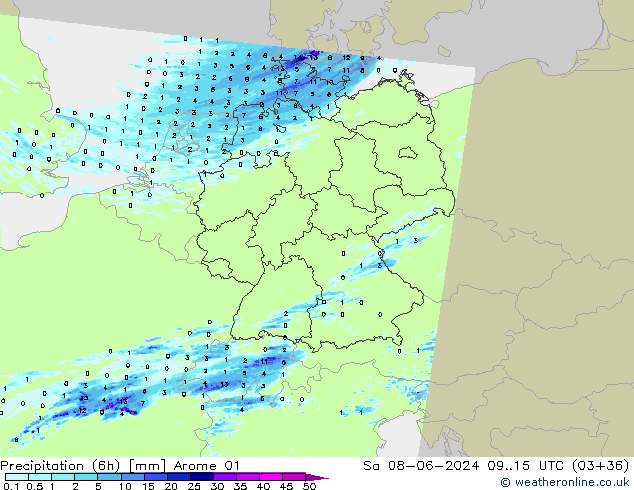 Precipitación (6h) Arome 01 sáb 08.06.2024 15 UTC