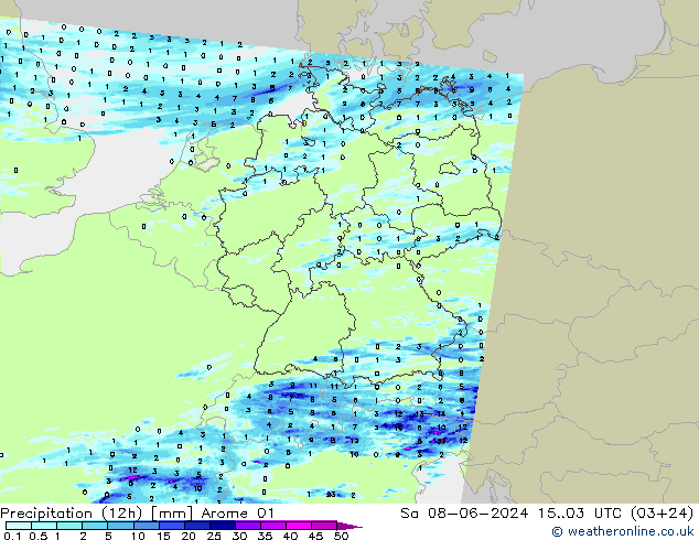 Precipitação (12h) Arome 01 Sáb 08.06.2024 03 UTC