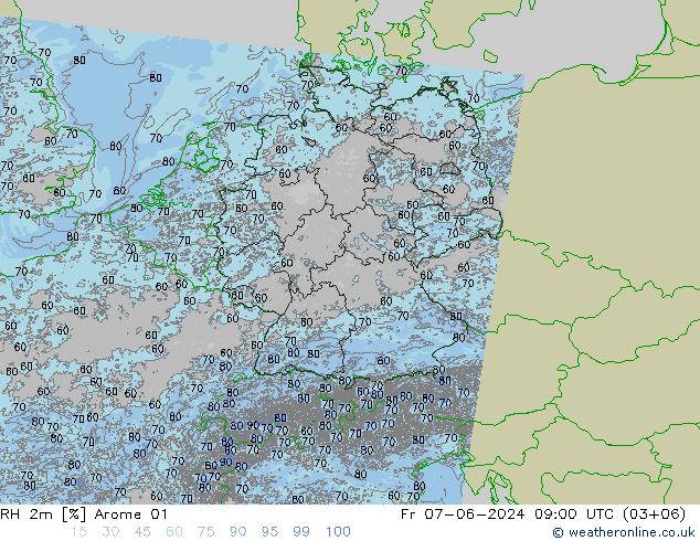 RH 2m Arome 01 星期五 07.06.2024 09 UTC