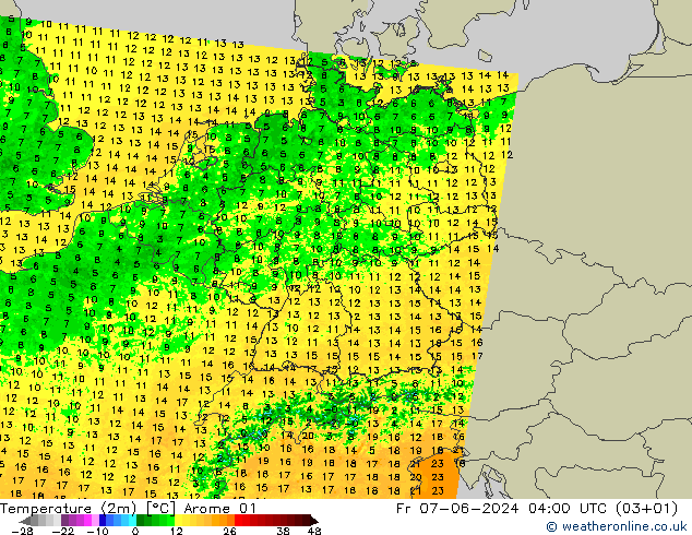 Temperature (2m) Arome 01 Pá 07.06.2024 04 UTC