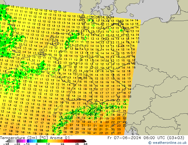 Temperature (2m) Arome 01 Fr 07.06.2024 06 UTC