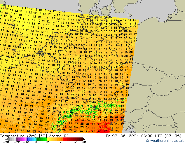 Temperature (2m) Arome 01 Pá 07.06.2024 09 UTC