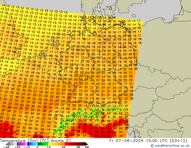 Temperatura (2m) Arome 01 vie 07.06.2024 15 UTC