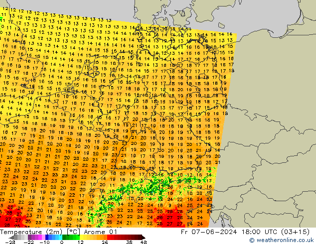 Temperature (2m) Arome 01 Pá 07.06.2024 18 UTC