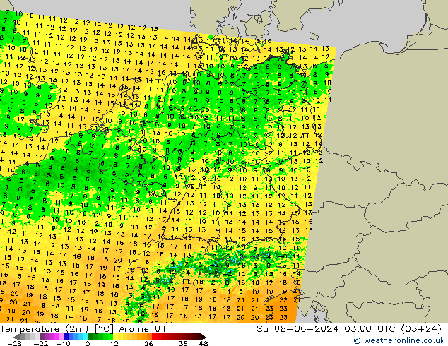 Temperatura (2m) Arome 01 sáb 08.06.2024 03 UTC