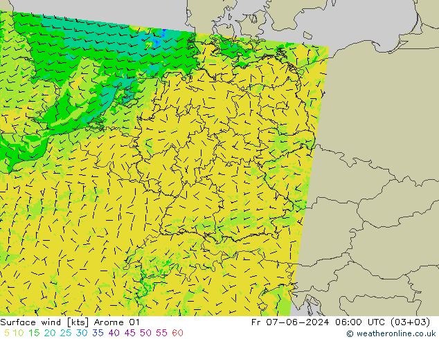 Vento 10 m Arome 01 ven 07.06.2024 06 UTC