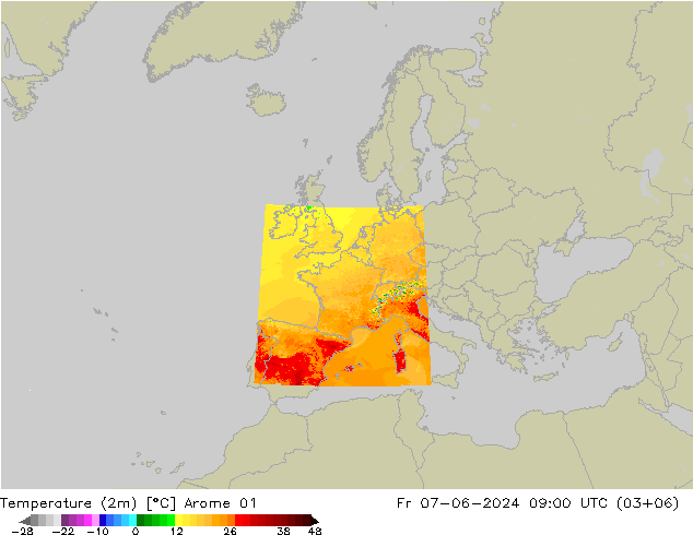 Temperatura (2m) Arome 01 Sex 07.06.2024 09 UTC