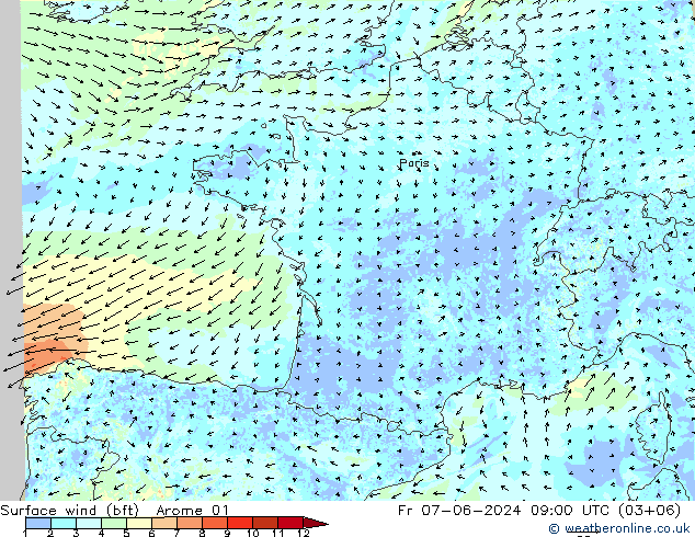 Surface wind (bft) Arome 01 Fr 07.06.2024 09 UTC