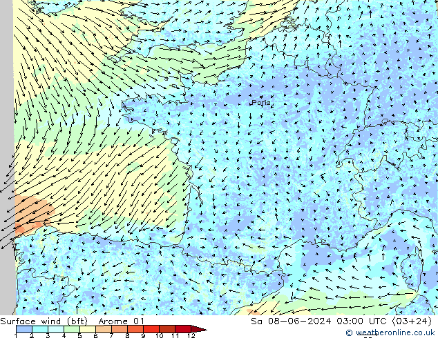 Vent 10 m (bft) Arome 01 sam 08.06.2024 03 UTC