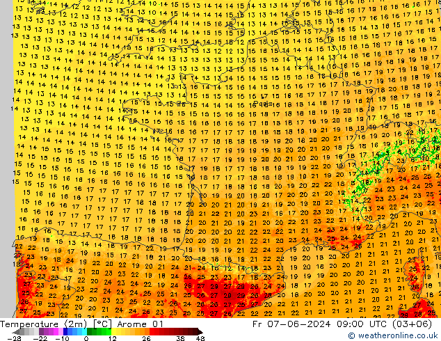 Temperaturkarte (2m) Arome 01 Fr 07.06.2024 09 UTC