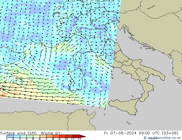 Vento 10 m (bft) Arome 01 Sex 07.06.2024 09 UTC