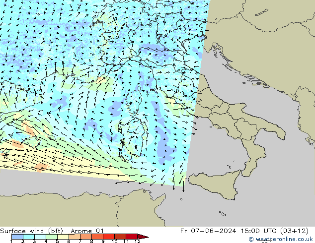 wiatr 10 m (bft) Arome 01 pt. 07.06.2024 15 UTC