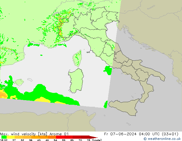 Max. wind velocity Arome 01 Fr 07.06.2024 04 UTC