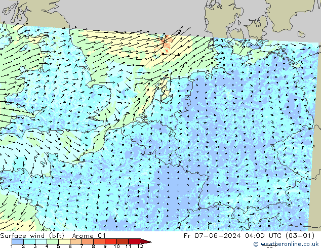 Surface wind (bft) Arome 01 Fr 07.06.2024 04 UTC