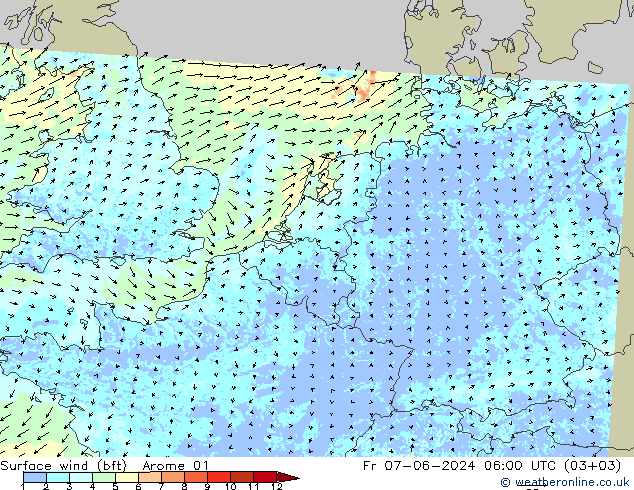 Surface wind (bft) Arome 01 Fr 07.06.2024 06 UTC