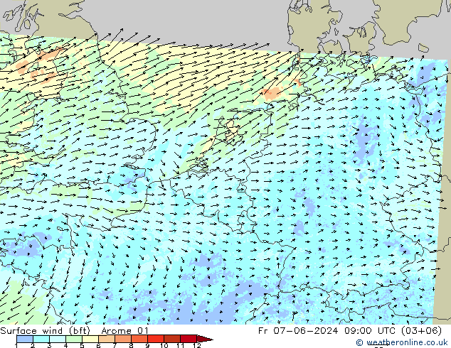 Rüzgar 10 m (bft) Arome 01 Cu 07.06.2024 09 UTC