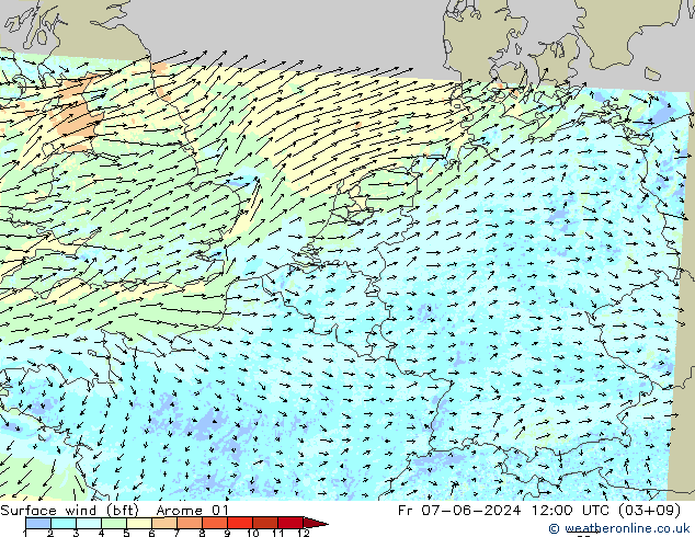 wiatr 10 m (bft) Arome 01 pt. 07.06.2024 12 UTC