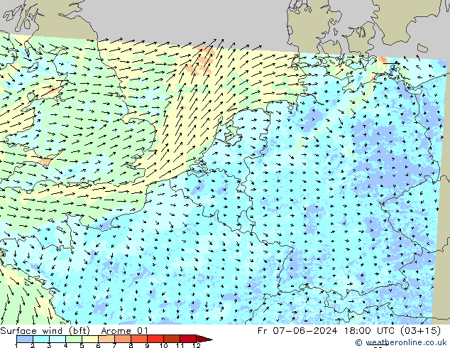 Surface wind (bft) Arome 01 Fr 07.06.2024 18 UTC