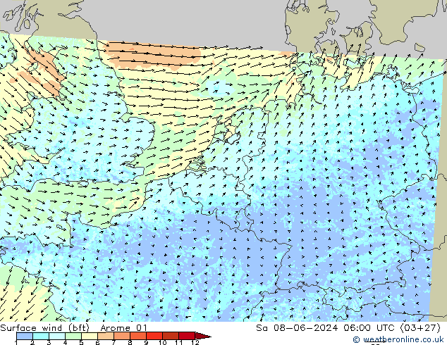 Vento 10 m (bft) Arome 01 sab 08.06.2024 06 UTC