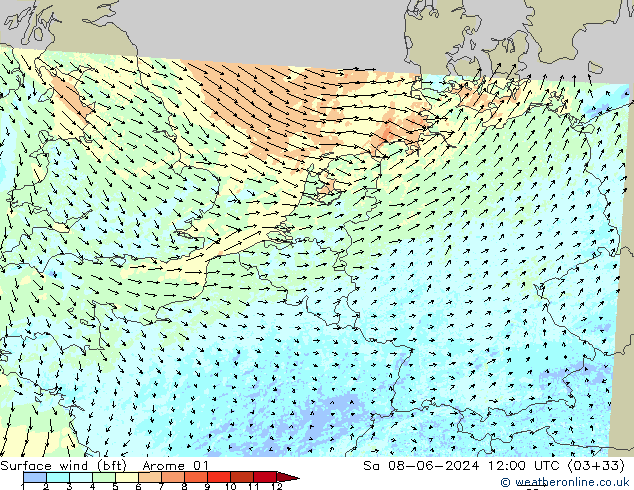 Surface wind (bft) Arome 01 Sa 08.06.2024 12 UTC