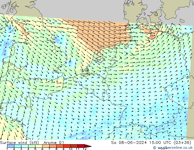 Vent 10 m (bft) Arome 01 sam 08.06.2024 15 UTC