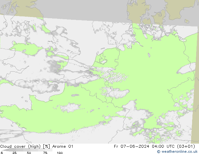 Cloud cover (high) Arome 01 Fr 07.06.2024 04 UTC