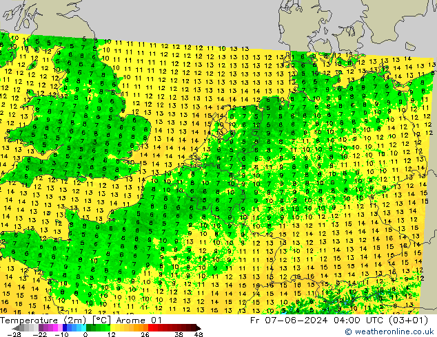 Temperature (2m) Arome 01 Fr 07.06.2024 04 UTC