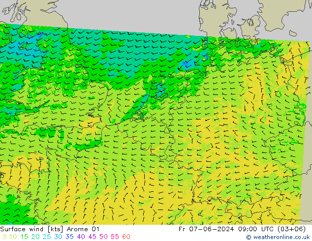 Surface wind Arome 01 Fr 07.06.2024 09 UTC