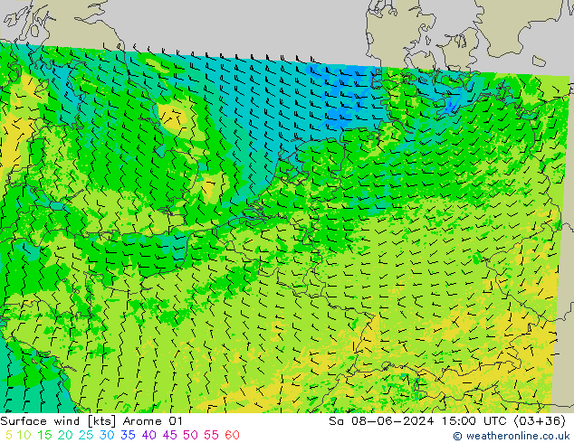 Wind 10 m Arome 01 za 08.06.2024 15 UTC